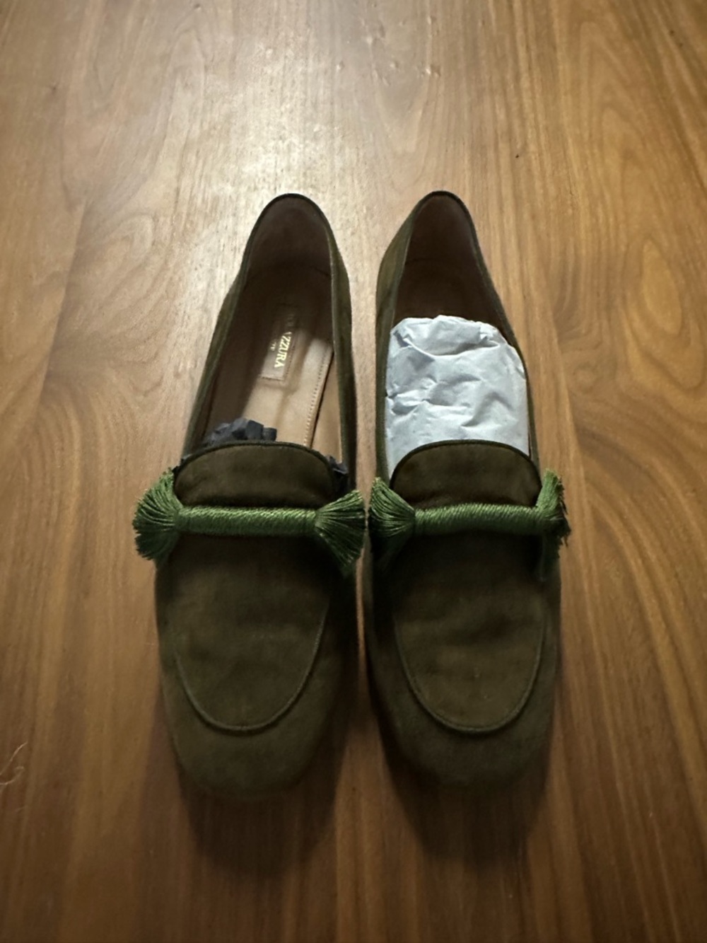 Aquazzura Olive Green Suede Tassel Loafers